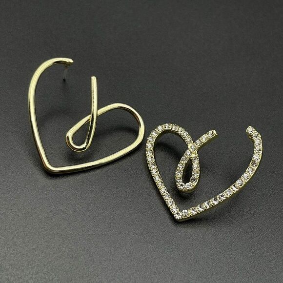 Yellow Gold and White Diamond Crystal Mismatched Heart Post Back Drop Earrings - Picture 3 of 10